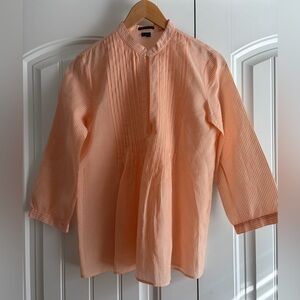 Theory‎ Size M Orange White Striped Sheer Silk Cotton Deep Keyhole Lexus Blouse